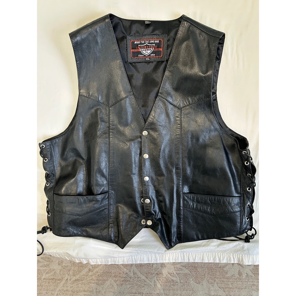 Interstate Leather Mens Black Biker Vest XL Side Lace Snap Front Motorcycle Vest